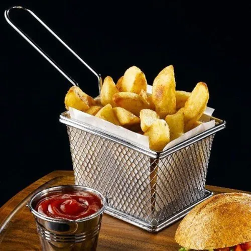 Vista 2 de Mini cesta de papas fritas de acero inoxidable, cestas cuadradas para freidoras, herramienta de cocina de grado FDA, vajilla de presentación