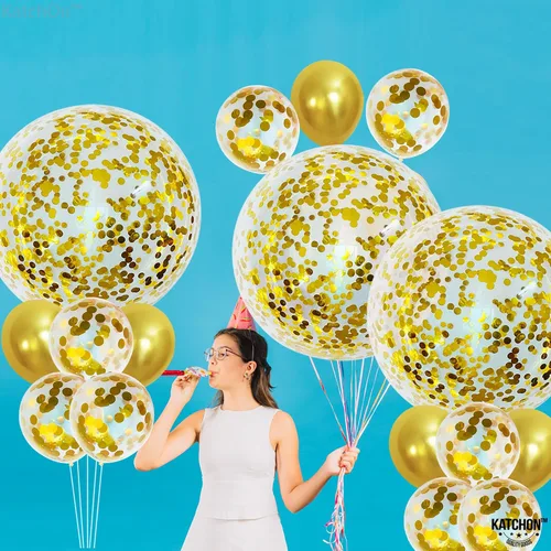Vista 3 de Katchon, Globos metálicos de confeti dorado – enormes 36 pulgadas, paquete de 21 Globos dorados de látex, decoraciones de Año Nuevo 2026 Globos
