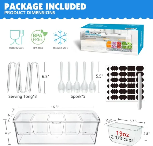 Vista 2 de Bandeja de condimentos refrigerados, cesta de frutas de bar con tapa y 5 compartimentos extraíbles, bandeja transparente para servir condimentos