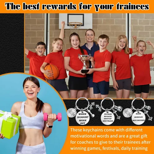 Vista 4 de Yinkin 6 llaveros de acero inoxidable con dije de gimnasio y fitness, regalos con citas, mancuernas para entrenamiento personal, regalos