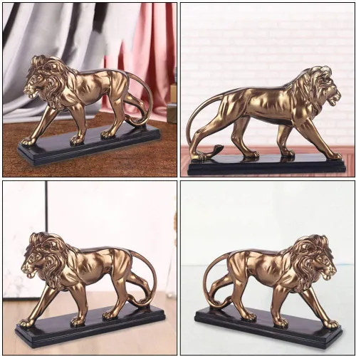 Vista 6 de VOSAREA Estatua de león de oro, estatua de león de resina, adorno de escultura de gato salvaje africano, estatua de león chino Fengshui