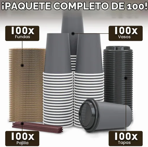 Vista 7 de Paquete de 100 tazas de café desechables de 12 onzas para llevar con tapas, fundas y pajitas, 100% biodegradables y compostables, tazas de café