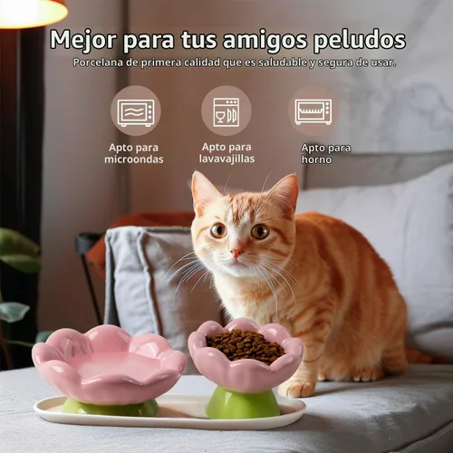 Vista 5 de DIF DECO - Cuenco elevado de cerámica para gatos, cuencos elevados de comida rosa para alimentos y agua, protege la columna vertebral y los bigotes