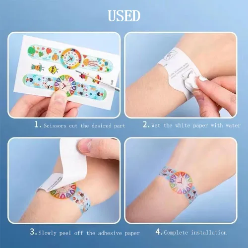 Vista 5 de Reloj de dibujos animados temporales tatuajes para niños, 10 hojas para niños, impermeables, tatuajes temporales con purpurina, seguridad