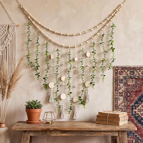 Vista 3 de Jetec Guirnalda Colgante de Eucalipto Boho para Pared de Dormitorio Grande, Guirnalda de Perlas de Madera Artificial con Vegetación Natural