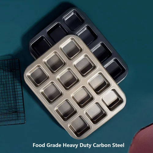 Vista 2 de Mini molde para pan de 8 cavidades de acero al carbono, bandeja antiadherente para hornear pan, diseño de una sola pieza (negro, 12 cavidades)