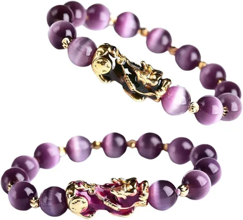 Vista 7 de Pulsera de amuleto chino de Feng Shui, pulsera de buena suerte con cuentas, amuleto de riqueza Pi Yao, joyería de buena suerte y riqueza, morado