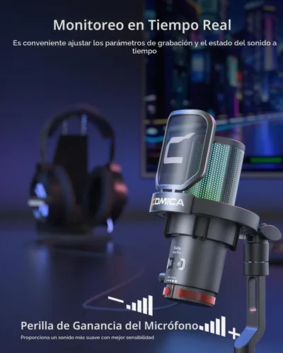 Vista 4 de COMICA Ejoy Uni(D) Micrófono USB para juegos con reducción de ruido, luces RGB 48kHz/24bit Sound Quality, Shock Mount, One-Key Mute, Streaming PC