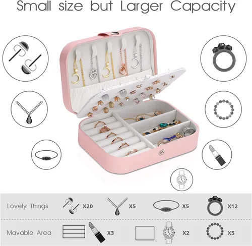 Vista 2 de Caja de joyería pequeña organizador de joyería de viaje para mujer caja de almacenamiento pequeña de 2 capas estuche de joyería para anillo collar