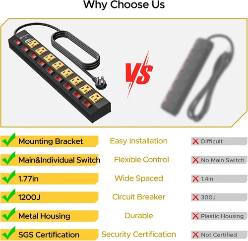 Vista 5 de Regleta de 8 tomas de alta resistencia CRST con interruptores individuales, protector contra sobretensiones de metal de 15A/1875W con interruptor