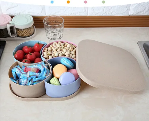 Vista 7 de Outanaya Snack Storage Tray PP with Lid Fan Shape 4 Compartment Wheat Straw