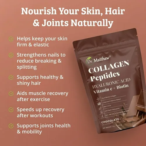 Vista 5 de Colágeno en polvo de chocolate. Colágeno con ácido hialurónico y vitamina C. Péptidos de colágeno de chocolate en polvo. Colágeno con vitamina C