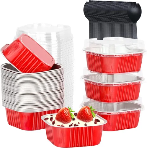 Vista 13 de LNYZQUS Moldes para Mini Pasteles de Cupcake de 5 oz con Tapas, Paquete de 40, Moldes de Papel de Aluminio para Cupcakes, Moldes para Hornear