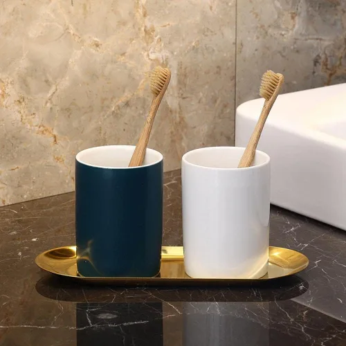 Vista 3 de Gaolinci 2 tazas de baño, soporte para cepillos de dientes de cerámica, vaso de 9 onzas