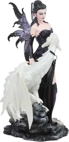 Vista 3 de Ebros - Estatua gótica de hada Khaleesi con dragón blanco ártico, 9.5 pulgadas de alto, decorativa, fantasía mítica, figura de la dama del lago