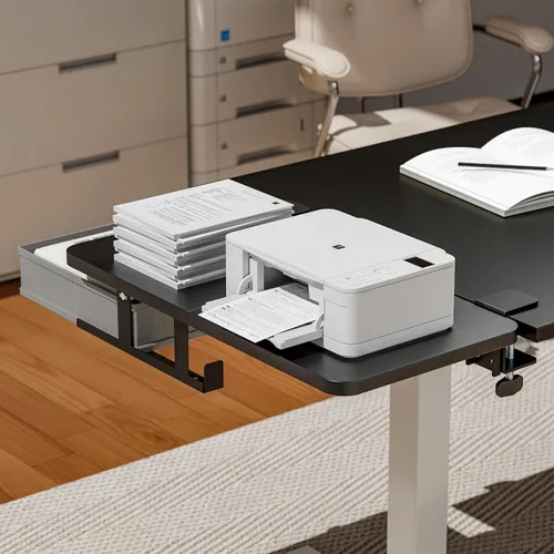 Vista 7 de PEGZONE Bandeja extensora de escritorio, estante de escritorio con abrazadera de 24 x 12 pulgadas, extensión de escritorio con cajón