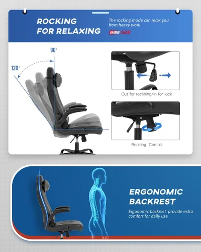 Vista 4 de Sillas de juegos para adultos, silla giratoria de piel sintética, ajustable, con soporte lumbar, reposabrazos abatibles, reposacabezas para adultos