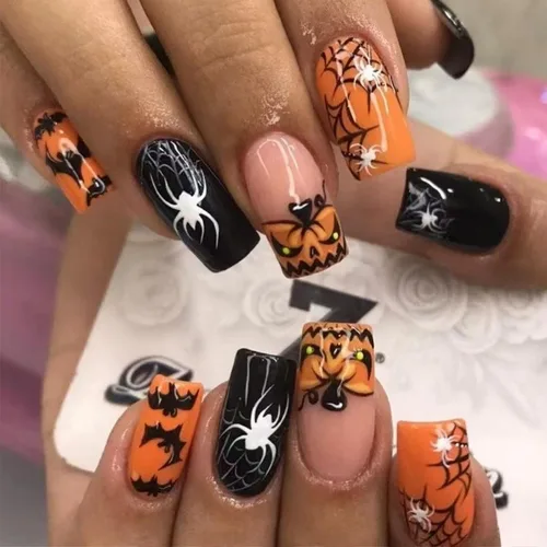 Vista 20 de Uñas postizas de Halloween a presión medianas con diseño de ataúd oscuro gótico embrujado, castillo muerto, diseño de árbol muerto, uñas postizas