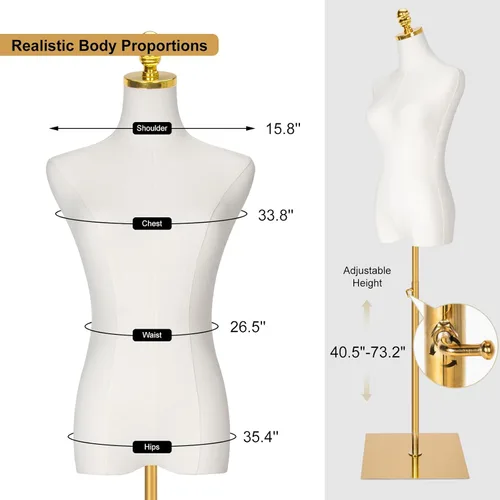 Vista 2 de Vestido de maniquí femenino con forma de torso, cuerpo de maniquíes de torso ajustable con base de metal, maniquí de ropa dorado para coser, tienda