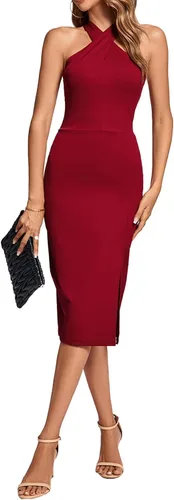 Vista 6 de Rooscier Vestido midi de fiesta para mujer con cuello halter y abertura lateral sin mangas
