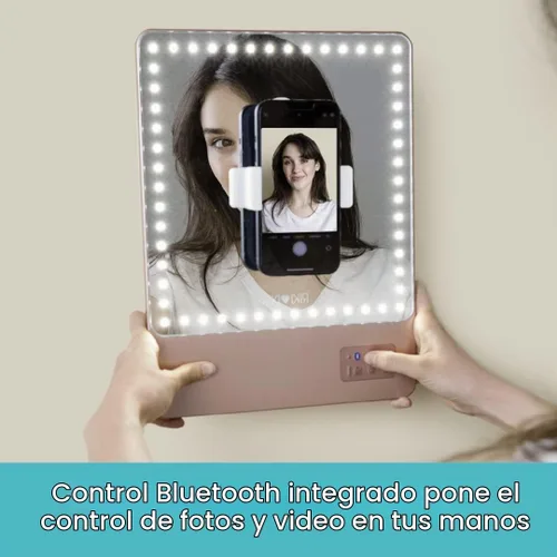 Vista 3 de GLAMCOR Riki Skinny - Espejo de tocador inteligente con LED HD, accesorio de espejo de aumento, soporte para teléfono y control Bluetooth