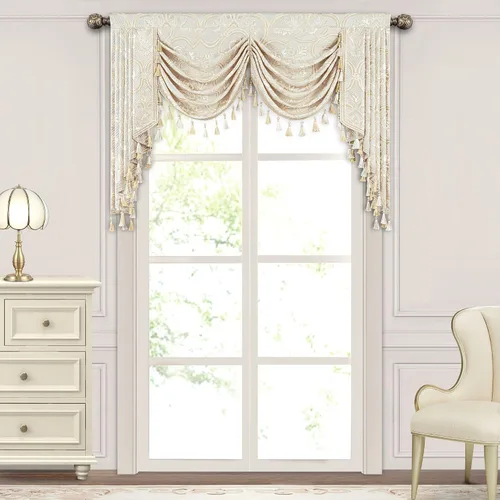 Vista 24 de Loom and Mill Cenefa de cascada de lujo de jacquard para sala de estar, elegantes cenefas de ventana con festones y cuentas damascadas, cortinas