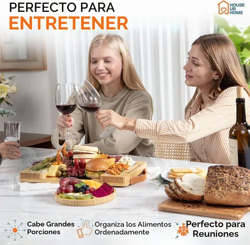 Vista 7 de Juego de tablas de charcutería de bambú con bandejas laterales magnéticas extraíbles, bandeja para frutas, asas, caja lista para cubiertos y regalos