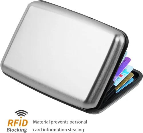 Vista 4 de Portatarjetas de crédito con bloqueo RFID, mini tarjetero delgado de aluminio duro para hombres o mujeres