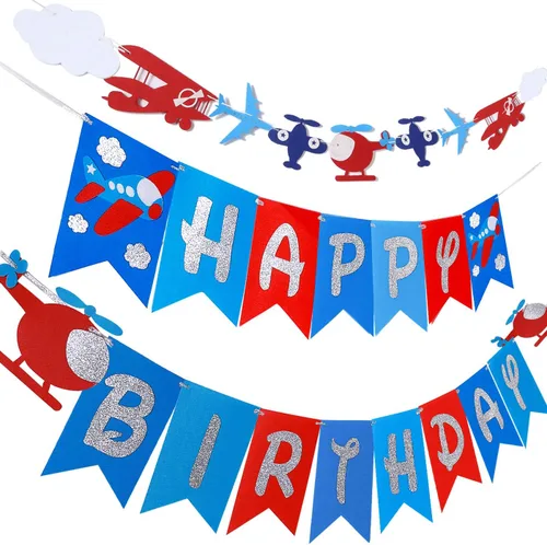 Vista 8 de Cartel de cumpleaños de avión y decoración de guirnalda para aviador, aviación, fiesta temática de cumpleaños, pancarta de fieltro con purpurina