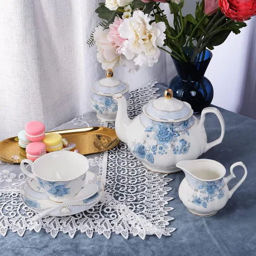 Vista 3 de fanquare Juego de té de porcelana con flores azules, juego de taza de té y platillo para 6, juego de té de boda con jarra de crema, juego de café