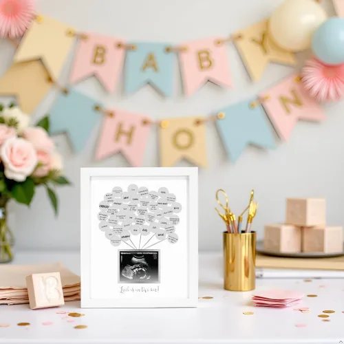 Vista 5 de Pearhead Libro de Firmas para Baby Shower y Marco de Fotos de Recuerdo de Ecografía con 50 Pegatinas de Globos, Inserto de Foto de 12.7 cm x 10.16