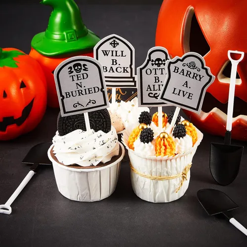 Vista 3 de 48 piezas de lápida de Halloween para pasteles, decoración de cupcakes y mini cucharas con forma de pala para suministros de fiesta de Halloween