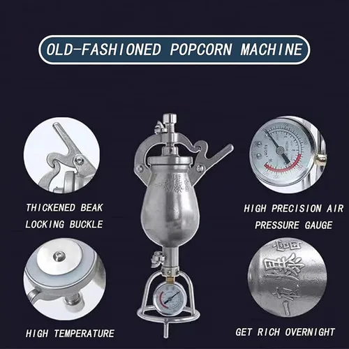 Vista 4 de Máquina de palomitas de maíz de mano, máquina de palomitas de maíz con calefacción a fuego abierto, máquina de palomitas de maíz de acero