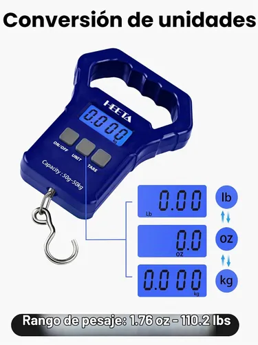 Vista 3 de HEETA Báscula de pescado, báscula digital portátil de pesca colgante de 110 libras / 110.2 lbs con pantalla LCD retroiluminada, báscula de equipaje