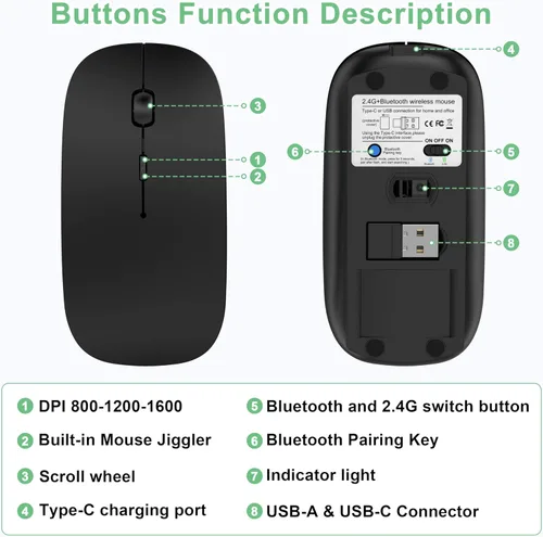 Vista 7 de Gizdot-S1 - Mouse Bluetooth para laptop/MacBook Air/Pro y iPad, mouse inalámbrico recargable con tipo C, mouse delgado para iMac, 4 modos