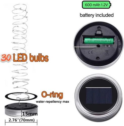 Vista 5 de SunKite Luces solares para tarros de masón, paquete de 12 unidades, 30 LED, impermeables, para frascos de luciérnaga, luces con ganchos