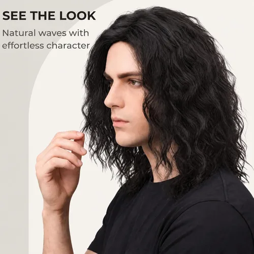 Vista 2 de Peluca ondulada corta negra con raya media para hombre, disfraz de cosplay Negro