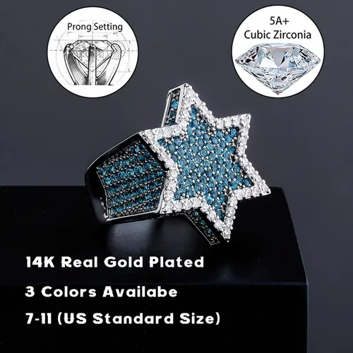 Vista 2 de TOPGRILLZ Anillo de estrella hexagonal chapado en oro de 14 quilates para hombres y mujeres joyería novedosa Metal Zirconia cúbica
