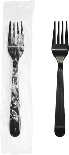 Vista 8 de Party Essentials Juego de utensilios de plástico negro envueltos individualmente/paquetes de cubiertos resistentes