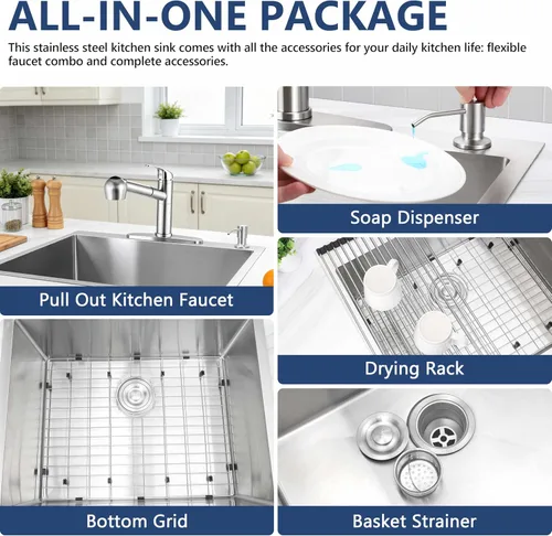 Vista 6 de Herogo 25×22 Inch Kitchen Sink, Stainless Steel Drop In Single Bowl 10'' Deep Kitchen Sink with Accessories, for Rv Bar Farmhouse