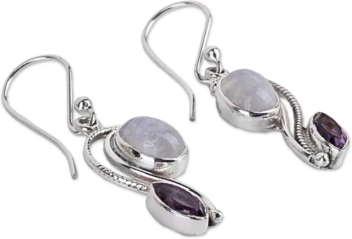Vista 2 de NOVICA Aretes colgantes hechos a mano de plata de ley 925 con amatista y piedra lunar arcoíris y piedra natal púrpura transparente india 1.6