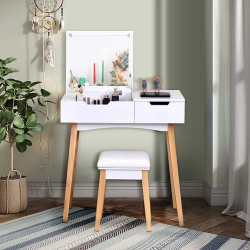 Vista 2 de CHARMAID Mesa de tocador con espejo abatible y taburete, mesa de maquillaje de madera escritorio con cajón, compartimento de almacenamiento, juego