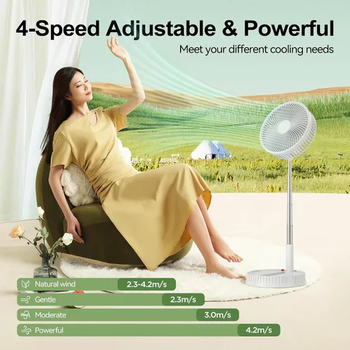 Vista 6 de Ventilador recargable plegable portátil – Altura ajustable de 4000 mAh USB-C funciona con pilas, ventilador pequeño silencioso de 4 velocidades