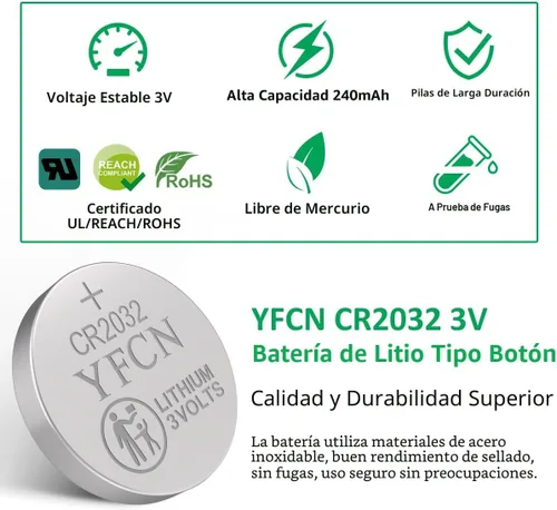 Vista 2 de YFCN CR2032 - Batería de litio de 3 V, paquete de 5 baterías CR2032 – CR 2032 batería de celda de moneda para AirTag, llavero, controles remotos, 10