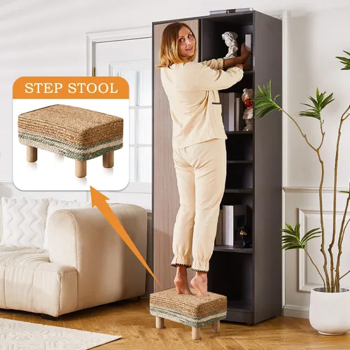 Vista 5 de Cpintltr Taburete otomano rectangular, reposapiés, otomano, reposapiés natural de algas marinas con patas de madera, taburete tejido a mano