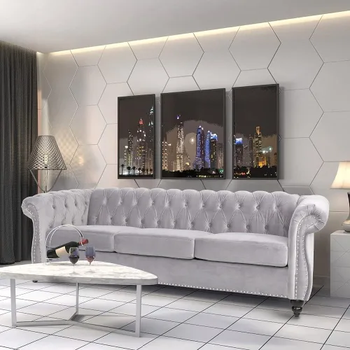 Vista 7 de ORRD Sofá Chesterfield, moderno sofá de terciopelo copetudo de 3 plazas con brazos de desplazamiento y cabeza de clavos para sala de estar