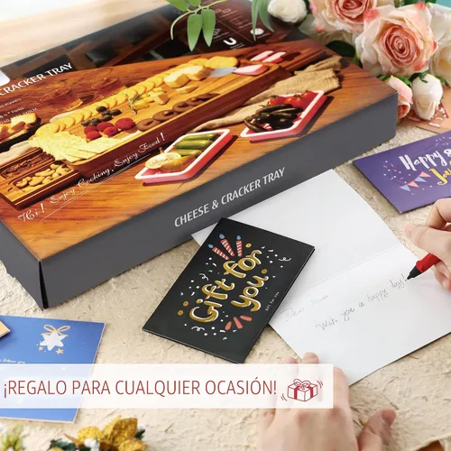 Vista 6 de hecef Juego grande de tabla de embutidos rosa con cuchillos de queso de acero inoxidable, juego de tabla de queso, bandeja de aperitivos de madera