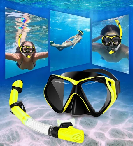Vista 6 de Equipo de esnórquel para adultos, juego de esnórquel seco con lente de vidrio templado, falda de silicona suave para buceo, esnórquel, natación