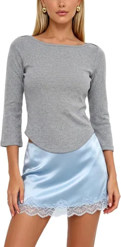 Vista 9 de Camiseta de manga 3/4 para mujer, cuello barco, ajuste delgado, manga de A Blanco