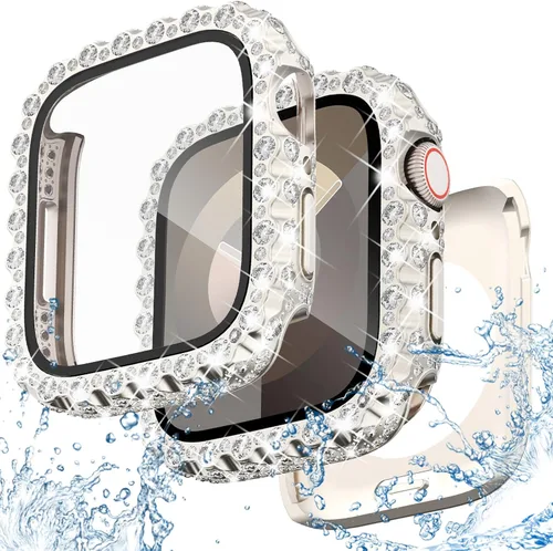 Vista 13 de NewWays Funda impermeable 2 en 1 de 1.575 pulgadas para protector de pantalla de Apple Watch SE Series 6, 5, 4, encaje completo con diamantes